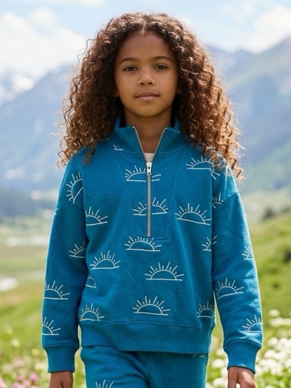 NWT Chaser Girls Blue Quarter-Zip Long Sleeve Sweatshirt Sun Pattern - Size 6